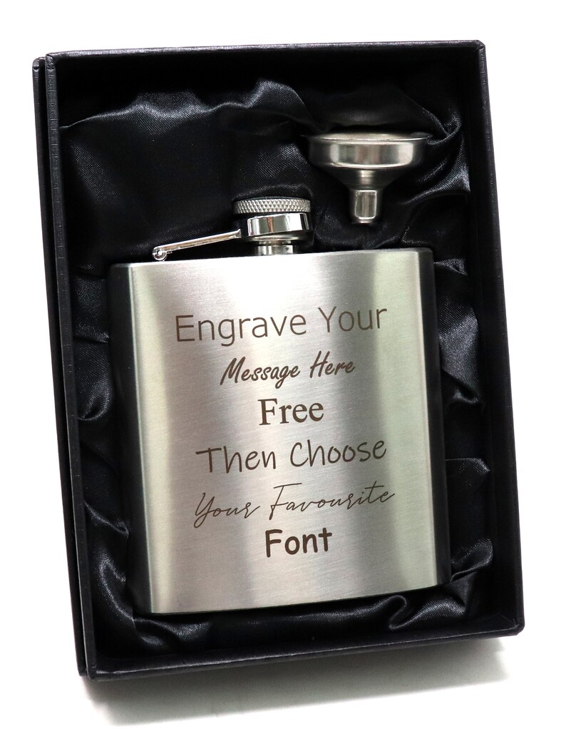 Engraved/Personalised 6oz Brushed Stainless Steel Hip Flask in Gift Box Ideal Gift For Birthday/Wedding/Best Man/Dad/Fathers Day/Grandad image 2