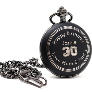 Laser Engraved/Personalised Birthday Design Matte Black Pocket Watch in Gift Box