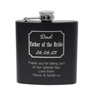 Laser Engraved/Personalised Wedding Black Hip Flask For Best Man/Usher/Groomsman/Father of the Bride/Groom/Dad