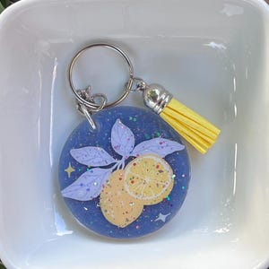 Lemon Blue Leaf Keychain | Acrylic UV Resin Keychain | Citrus Charm with Tassel | Handmade Glitter Lemon Bag Charm | Cute Fruit Keyring Gift