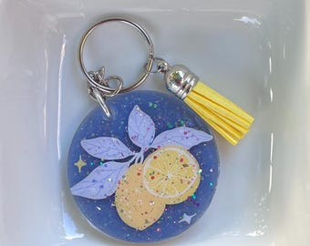 Lemon Keychain. Acrylic Citrus Fruit Charm with Glitter Tassel. Resin Bag Charm for Purse. Summer Car Accessory. Gift for Her & Women.