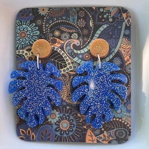 Blue Glitter Monstera Leaf Earrings | Tropical Statement Earrings | Handmade UV Resin Jewelry | Bold Summer Dangles | Lightweight Gift