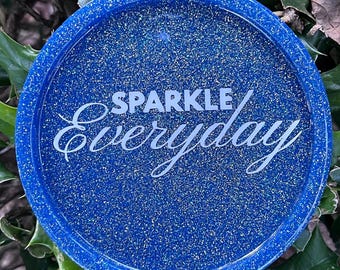 Sparkle Everyday Jewelry Dish. Blue Glitter Trinket Tray. Inspirational Ring Holder. Girly Gift. Desk Decor. Catchall for Small Items.