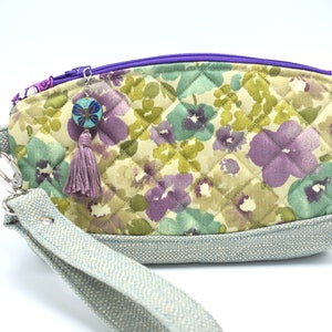 Clematis Wristlet. Quilted Bag. Wristlet Clutch. Purse Organizer. Gift for Her. Pretty Floral Bag. Butterfly Tassel. Birthday Girl. Pouch. image 1