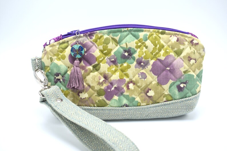 Clematis Wristlet. Quilted Bag. Wristlet Clutch. Purse Organizer. Gift for Her. Pretty Floral Bag. Butterfly Tassel. Birthday Girl. Pouch. image 1