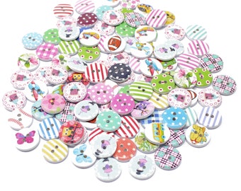 100 Mix Wooden 15mm Round Shabby Chic Buttons Craft Cardmaking Embellishments