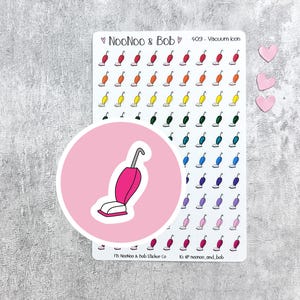 May include: A sheet of vacuum cleaner stickers in various colours, with a pink vacuum cleaner sticker in the foreground. The stickers are in red, orange, yellow, green, blue, purple, and pink. The text "NooNoo & Bob" and "409 - Vacuum Icon" is visible.