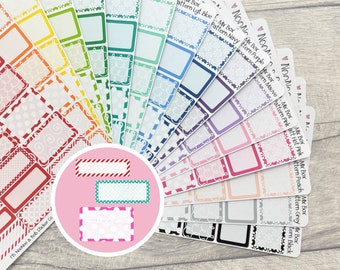 May include: A set of 12 printable planner stickers with different patterns and colors. The stickers are rectangular and have a white border. The text on the stickers reads "Mix Box" and includes the pattern and item name. The stickers are arranged in a fan shape on a wooden surface.