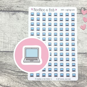 May include: A sheet of 380 blue and white laptop stickers. The sheet is white with pink hearts in the top right corner. The text "NooNoo & Bob" and "380 - Laptop Icon" is printed on the sheet. The text "FB: NooNoo & Bob sticker Co" and "IG: @noonoo_and_bob" is printed at the bottom of the sheet.