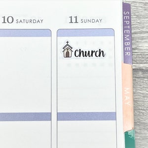 May include: A white planner page with the words "10 Saturday" and "11 Sunday" at the top. A sticker with a small church drawing and the word "church" is placed on the Sunday page.