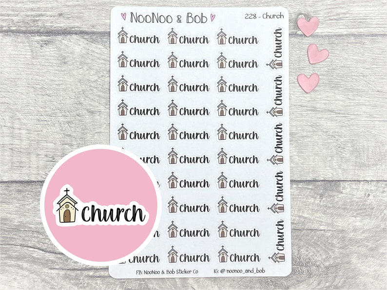 May include: A sheet of stickers with a church icon and the word "church" repeated multiple times. The stickers are on a white background with a pink circle in the lower left corner that has a larger church icon and the word "church" in black.