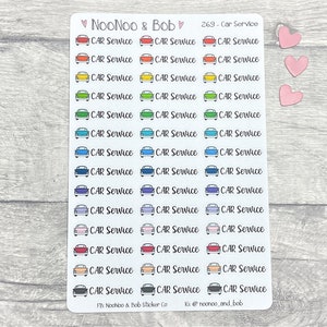 May include: A sheet of colourful car service stickers with a retro car design. Each sticker has the text "CAR Service" and is in a different colour, including red, orange, yellow, green, blue, purple, pink, and black.