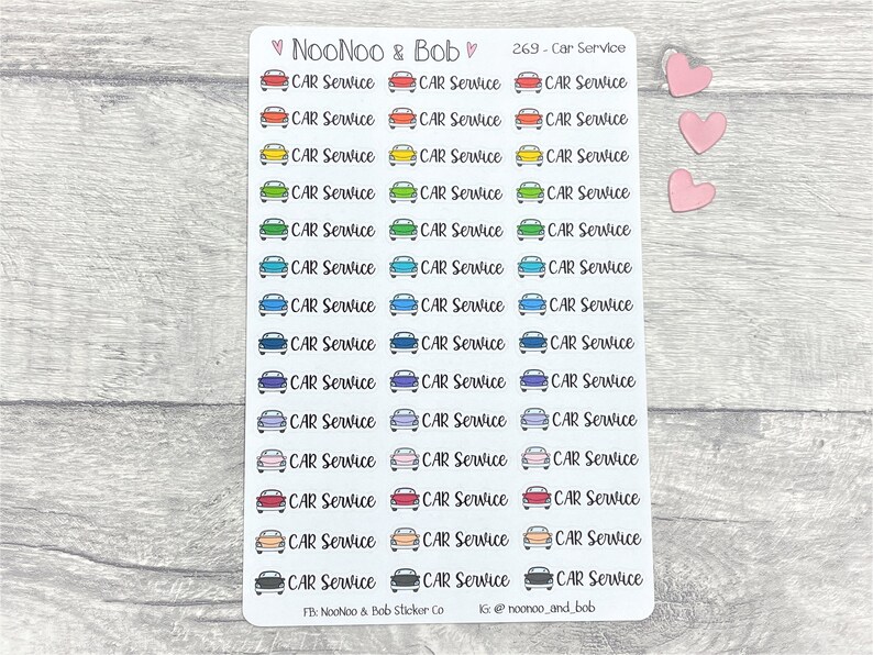 May include: A sheet of colourful car service stickers with a retro car design. Each sticker has the text "CAR Service" and is in a different colour, including red, orange, yellow, green, blue, purple, pink, and black.