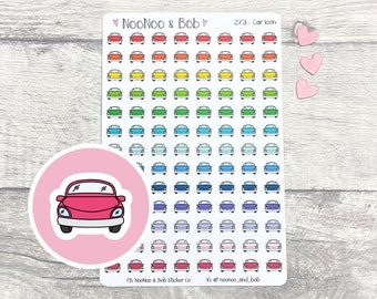 May include: A sticker sheet featuring rows of small, colorful car icons in various shades including red, orange, yellow, green, blue, and purple. The top text reads NooNoo & Bob 273 - Car Icon, with a large pink circular car sticker overlay.