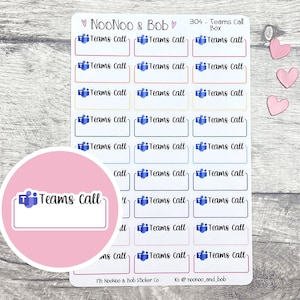 May include: A sheet of 304 stickers featuring a Microsoft Teams call icon and the text "Teams Call". The stickers are in various colours and are arranged in a grid pattern. The sheet is on a wooden surface.