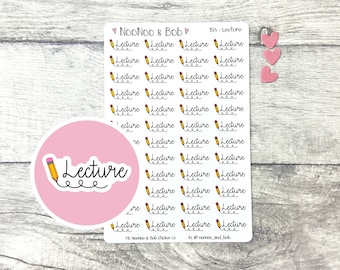 May include: A sheet of 154 stickers with a yellow pencil and the word "Lecture" written in black. The stickers are on a white background with pink hearts in the top right corner. The sheet is labeled "NooNoo & Bob" and "154 - Lecture".
