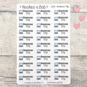 May include: A sheet of 24 stickers featuring a laptop icon and the text "Business Trip". The stickers are white with black outlines and blue laptop icons. The sheet is labelled "NooNoo & Bob 209 - Business Trip".