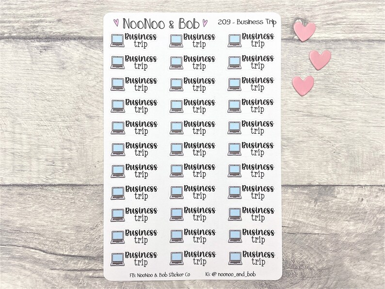 May include: A sheet of 24 stickers featuring a laptop icon and the text "Business Trip". The stickers are white with black outlines and blue laptop icons. The sheet is labelled "NooNoo & Bob 209 - Business Trip".