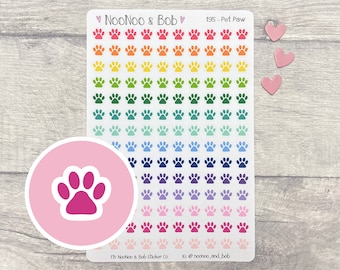 May include: A sheet of rainbow colored paw print stickers. The sheet is white with a black border and has 195 stickers. The text "NooNoo & Bob" and "195 - Pet Paw" is printed on the sheet.