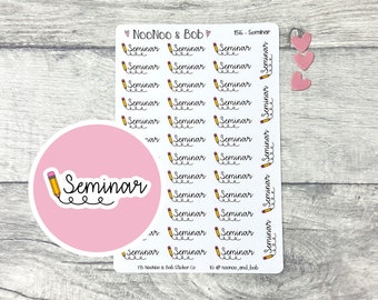 May include: A sheet of stickers with a pink circle featuring a yellow pencil and the word "Seminar" in black cursive writing. The sheet has 36 smaller stickers with a yellow pencil and the word "Seminar" in black cursive writing.