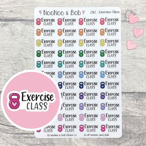 May include: Sheet of colorful exercise class stickers. Each sticker features a dumbbell icon with a heart and the words "Exercise Class". The stickers are in various colors, including pink, orange, yellow, green, blue, and purple.