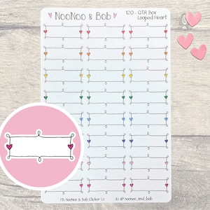 May include: Sheet of stickers featuring rectangular frames with looped lines and colorful heart accents. The text "NooNoo & Bob" and "120-QTR Box Looped Heart" are visible. A pink circle shows a close-up of a single sticker. Additional pink heart-shaped stickers are also present.