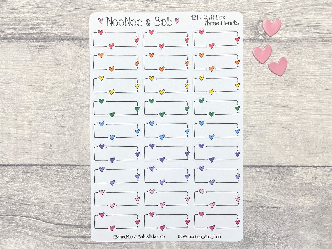 Doodle Three Heart Quarter Box Planner Stickers - Box Planner Stickers ...