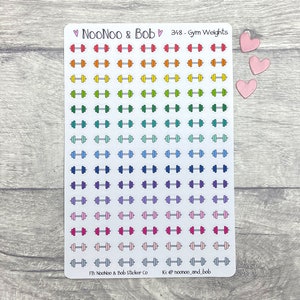 May include: A sheet of 348 colorful dumbbell stickers. The stickers are arranged in rows and columns on a white background. The dumbbells are outlined in black and filled with a rainbow of colors.