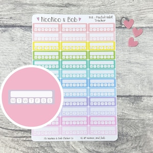 May include: A sheet of pastel-coloured habit tracker stickers with the text "MTWTFSS" in white on each sticker. The stickers are arranged in rows of three, with each row featuring a different pastel colour. The text "NooNoo & Bob" and "148 - Pastel Habit Tracker" is printed at the top of the sheet.