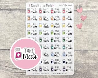 May include: A sheet of colorful stickers with a medicine bottle graphic and the text "Take Meds". The stickers are arranged in a grid pattern on a white background. There are three pink hearts in the upper right corner of the image.
