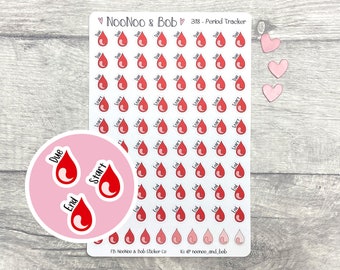 Könnte beinhalten: Eine Blatt mit 318 Menstruationstracker-Aufklebern mit roten Blutstropfen-Symbolen. Die Aufkleber sind mit den Wörtern "Start", "End" und "Due" beschriftet. Das Blatt enthält auch drei rosa Herzaufkleber.