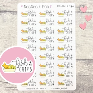 May include: A sheet of 190 stickers featuring a cartoon illustration of fish and chips in a white bowl. The stickers are pink and white with black text that reads "fish & chips".