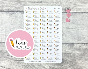 May include: A sticker sheet titled NooNoo & Bob featuring multiple small yellow pencil icons with the text Uni written in black cursive script. A larger circular sticker shows the same pencil and text design, accompanied by three small pink heart cutouts.
