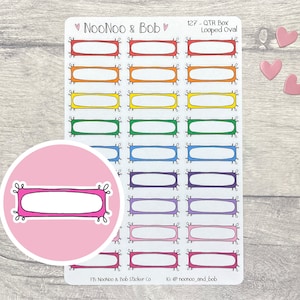May include: A sheet of colorful, looped oval stickers with a white background. The stickers are in a rainbow of colors, including red, orange, yellow, green, blue, purple, and pink. The text "NooNoo & Bob" and "127 - QTR Box Looped Oval" is printed at the top of the sheet.