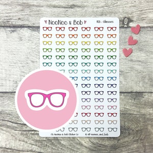 May include: A sheet of stickers with 113 colorful glasses designs. The stickers are on a white background and are arranged in rows. The text "NooNoo & Bob" and "113 - Glasses" is printed on the sheet. A pink circle with a single pair of pink glasses is also shown.