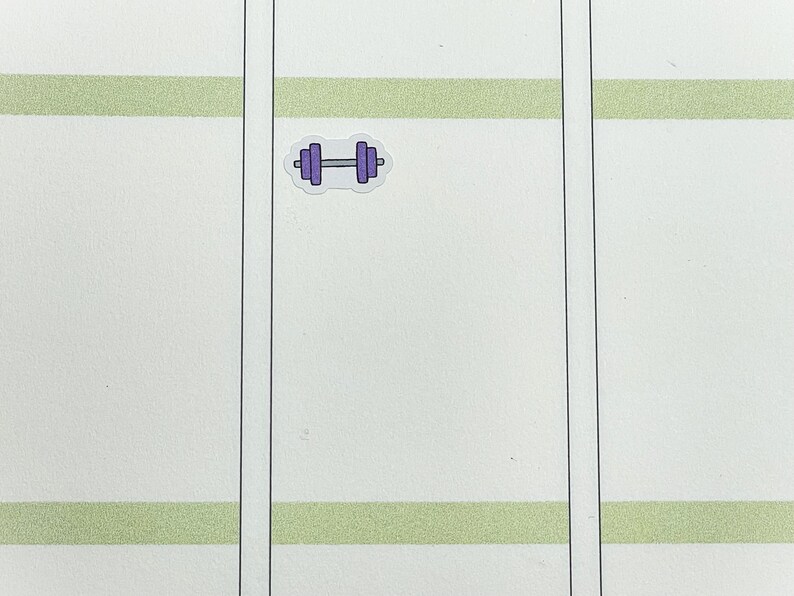 May include: A purple dumbbell sticker on a white background with green stripes.