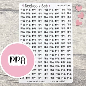 May include: A sheet of pink and white planner stickers with the text "PPA" repeated many times. The stickers are designed for use in a planner or journal.
