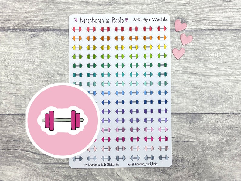 May include: A sheet of colorful dumbbell stickers with the text "NooNoo & Bob 348 - Gym Weights" at the top. The stickers are arranged in a rainbow pattern and are perfect for adding a fun and motivational touch to your planner or journal.