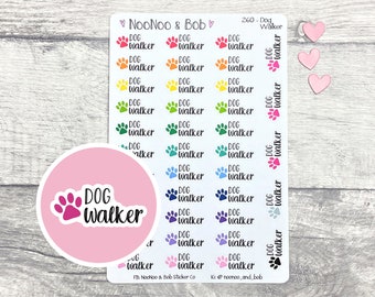 May include: A sheet of stickers featuring a pink circle with the text "DOG WALKER" and a pink paw print. The sheet also includes 260 smaller stickers with paw prints in various colors and the text "DOG WALKER".