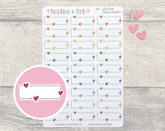 Doodle Three Heart Quarter Box Planner Stickers - Box Planner Stickers - Doodle Planner Stickers - Functional Planner Stickers