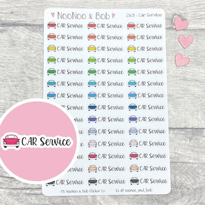 Könnte beinhalten: Eine Bogen mit bunten Auto-Service-Aufklebern mit einem rosa Kreisaufkleber, der ein rotes Auto und den Text "CAR Service" zeigt. Die Aufkleber sind in verschiedenen Farben gehalten, darunter Rot, Orange, Gelb, Grün, Blau, Lila und Pink.