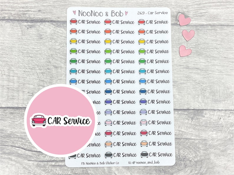 May include: A sheet of colourful car service stickers with a pink circle sticker featuring a red car and the text "CAR Service". The stickers feature a variety of colours including red, orange, yellow, green, blue, purple, and pink.
