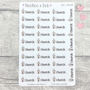 May include: A sheet of stickers with a church design. The stickers are white with brown church illustrations and the word "church" written in black. The sheet is labeled "NooNoo & Bob" and "228 - Church".