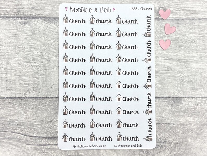 May include: A sheet of stickers with a church design. The stickers are white with brown church illustrations and the word "church" written in black. The sheet is labeled "NooNoo & Bob" and "228 - Church".