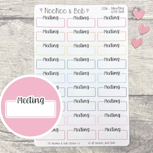 May include: A sheet of colorful stickers with the text "Meeting" in a variety of fonts and colors. The stickers are designed for use in a planner or journal.