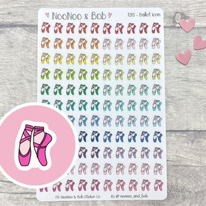May include: A sheet of 135 colorful ballet shoe stickers. The stickers are arranged in rows and columns on a white background. The sheet is labeled "135 - Ballet Icon" and "NooNoo & Bob".