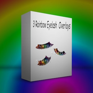 May include: A white box with the text "3 Rainbow Eyelash Overlays" printed on the front. Three rainbow-colored eyelash overlays are shown on the box.