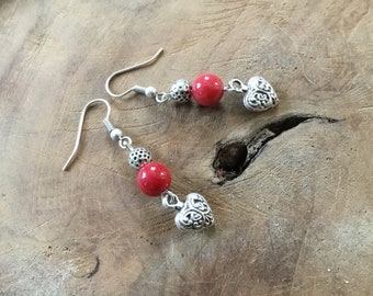 Boucles d’oreilles longues ethniques et perles en jade mashan rouge