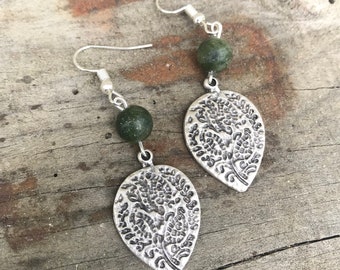 Ethnic leaf earrings with olive green Taiwan jade beads