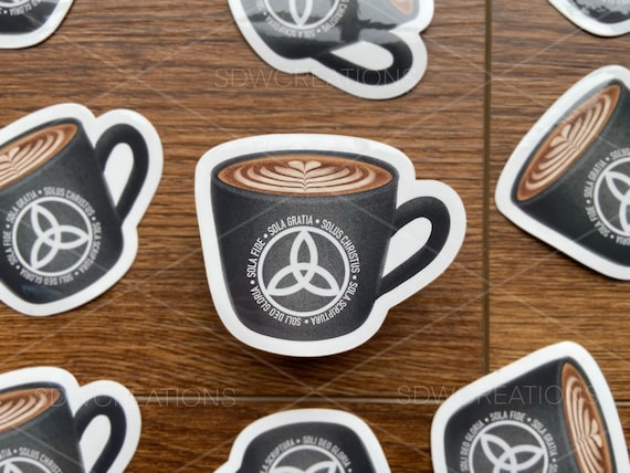 5 Solas Latte, Vinyl die cut sticker, 3.1"Wx2.6"H, 5 Solas, vinyl sticker,  latte, coffee, coffee mug, reformation phrase, biblical truth